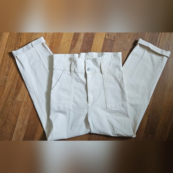 Alice + Olivia Pants - Alice + Olivia Cream Colored High Paperbag Waist Cuffed Stretch Denim Pants